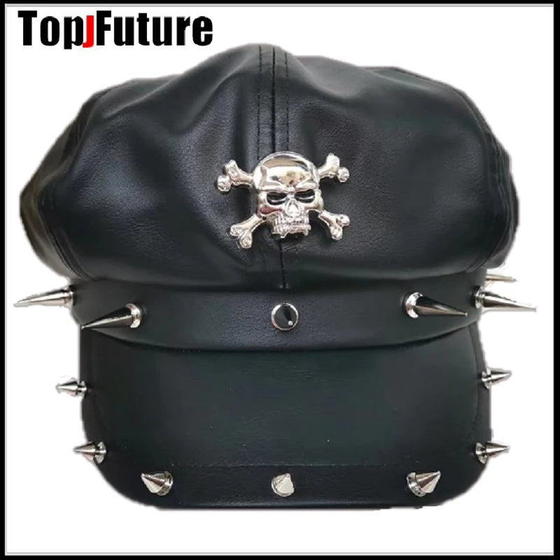 Harajuku Gothic Lolita Cool Punk Skull Spike Cap Biker NewsBoy Flat Cap Mens Women Unisex Beret PU Leather Cap