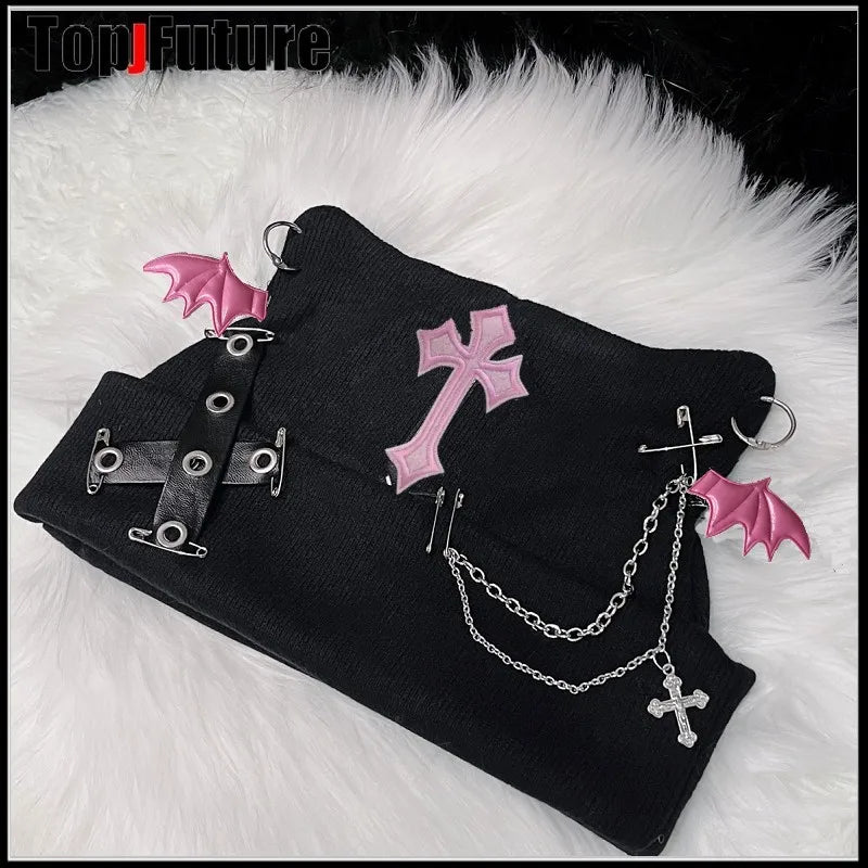 Harajuku Gothic Lolita Knitted Cat Ear Hat Women Punk Designer Cross Bat Winter Beanie Hat Female Y2K Girls Accessories Cap