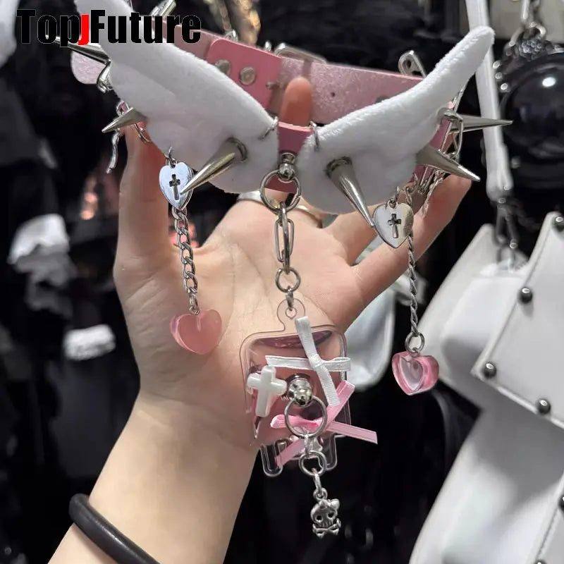Y2K Accessories Spike Girl Angel Wing Gothic Couple Harajuku Medical Choker Blood bag Pendant Necklace Women Punk Jewelry