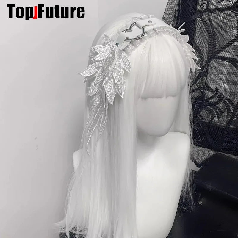 Lolita Kawaii Angel Wing Lace Bow Headband KC Hair Band Anime Y2K Girl Maid Headdress Cosplay Anime Hair Accessories Head Wrap