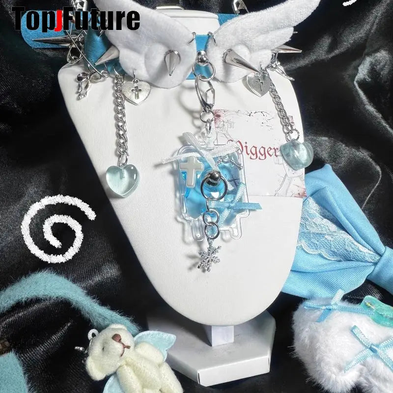 Y2K Accessories Spike Girl Angel Wing Gothic Couple Harajuku Medical Choker Blood bag Pendant Necklace Women Punk Jewelry