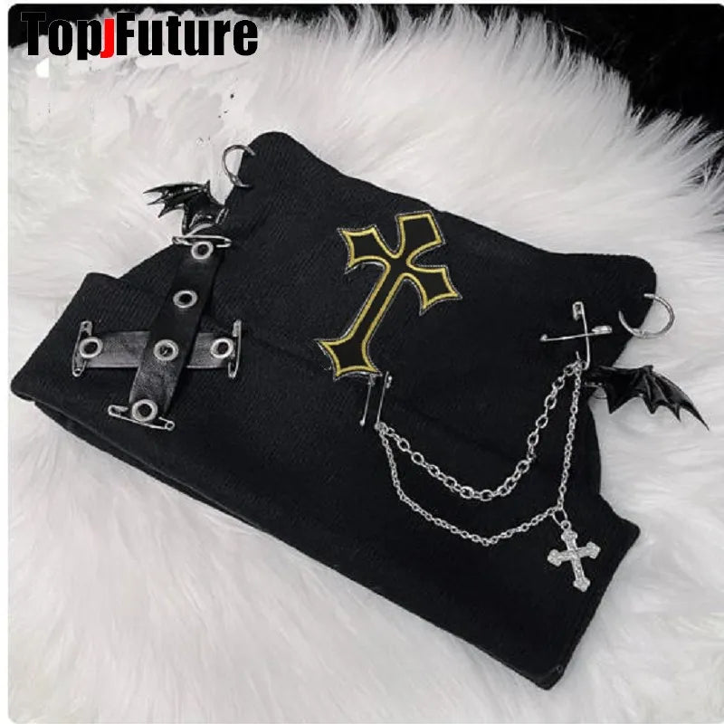 Harajuku Gothic Lolita Knitted Cat Ear Hat Women Punk Designer Cross Bat Winter Beanie Hat Female Y2K Girls Accessories Cap
