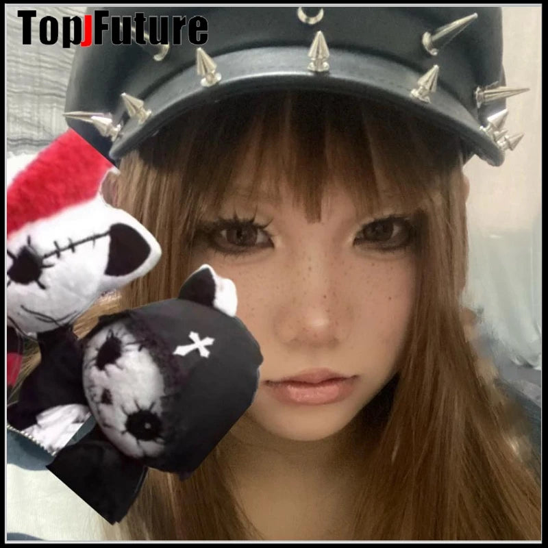 Harajuku Gothic Lolita Cool Punk Skull Spike Cap Biker NewsBoy Flat Cap Mens Women Unisex Beret PU Leather Cap