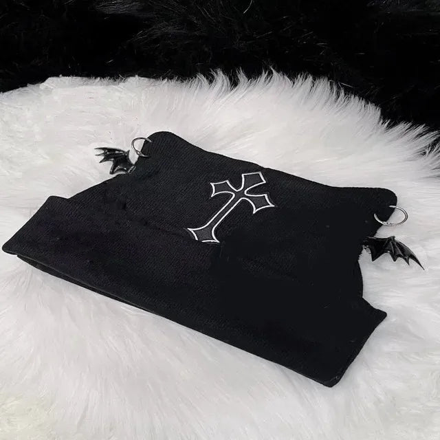Harajuku Gothic Lolita Knitted Cat Ear Hat Women Punk Designer Cross Bat Winter Beanie Hat Female Y2K Girls Accessories Cap