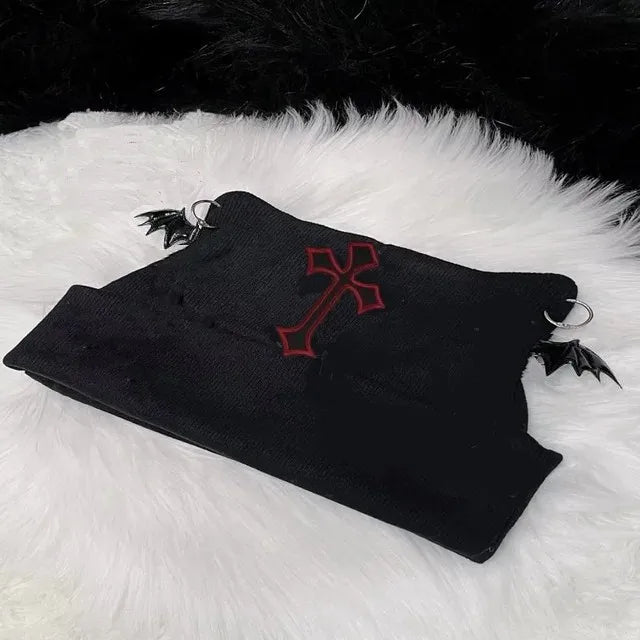 Harajuku Gothic Lolita Knitted Cat Ear Hat Women Punk Designer Cross Bat Winter Beanie Hat Female Y2K Girls Accessories Cap