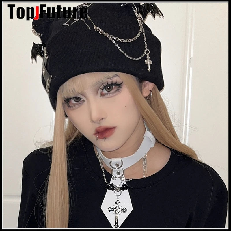 Harajuku Gothic Lolita Knitted Cat Ear Hat Women Punk Designer Cross Bat Winter Beanie Hat Female Y2K Girls Accessories Cap