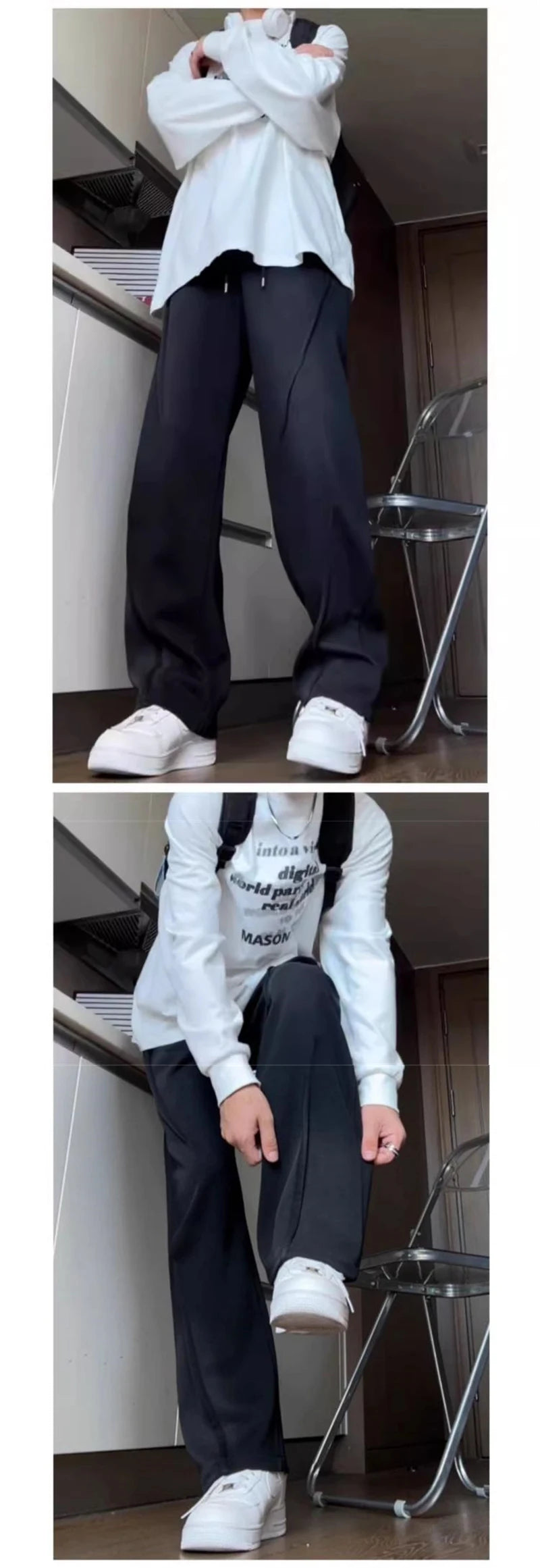 Pantalones corte recto plizado con cintura elástica