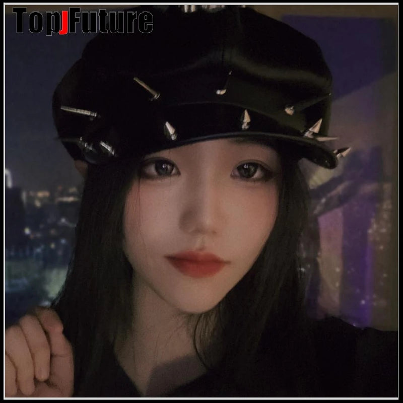 Harajuku Gothic Lolita Cool Punk Skull Spike Cap Biker NewsBoy Flat Cap Mens Women Unisex Beret PU Leather Cap