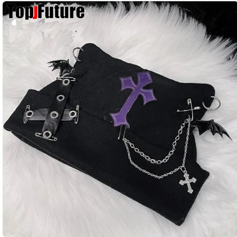 Harajuku Gothic Lolita Knitted Cat Ear Hat Women Punk Designer Cross Bat Winter Beanie Hat Female Y2K Girls Accessories Cap