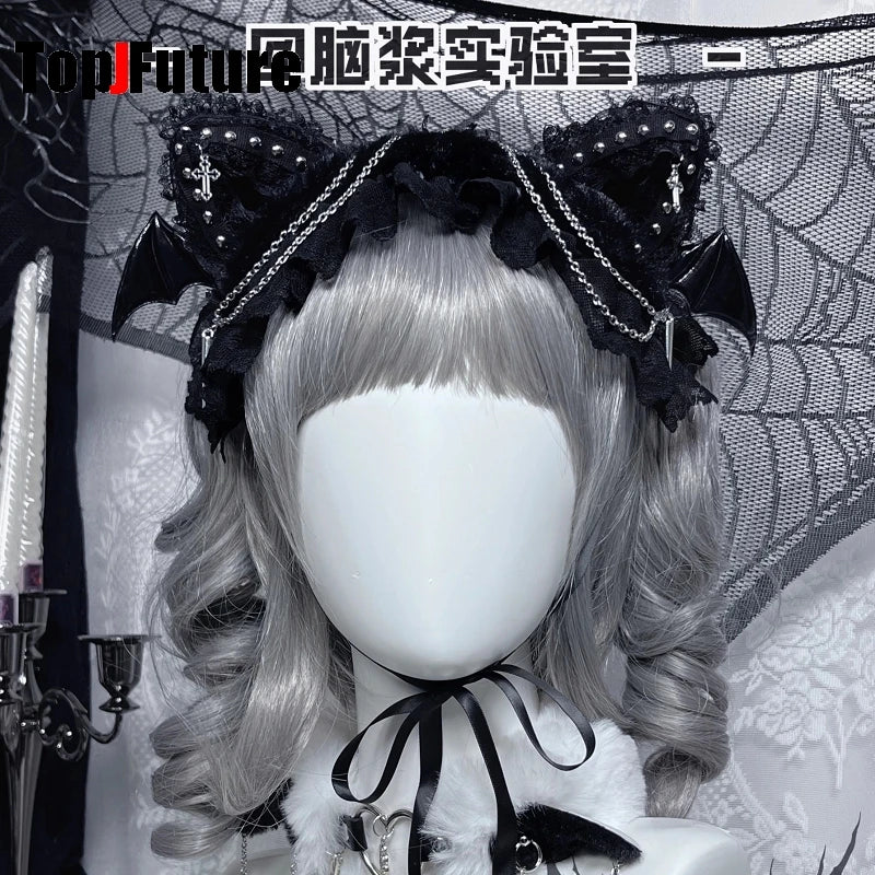 Women's lace y2k girls Gothic Lolita cosplay Harajuku punk headband with cat ears headband Lolita buckle punk cosplay headband