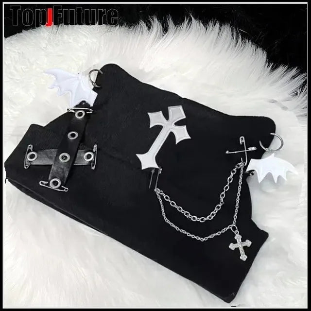 Harajuku Gothic Lolita Knitted Cat Ear Hat Women Punk Designer Cross Bat Winter Beanie Hat Female Y2K Girls Accessories Cap