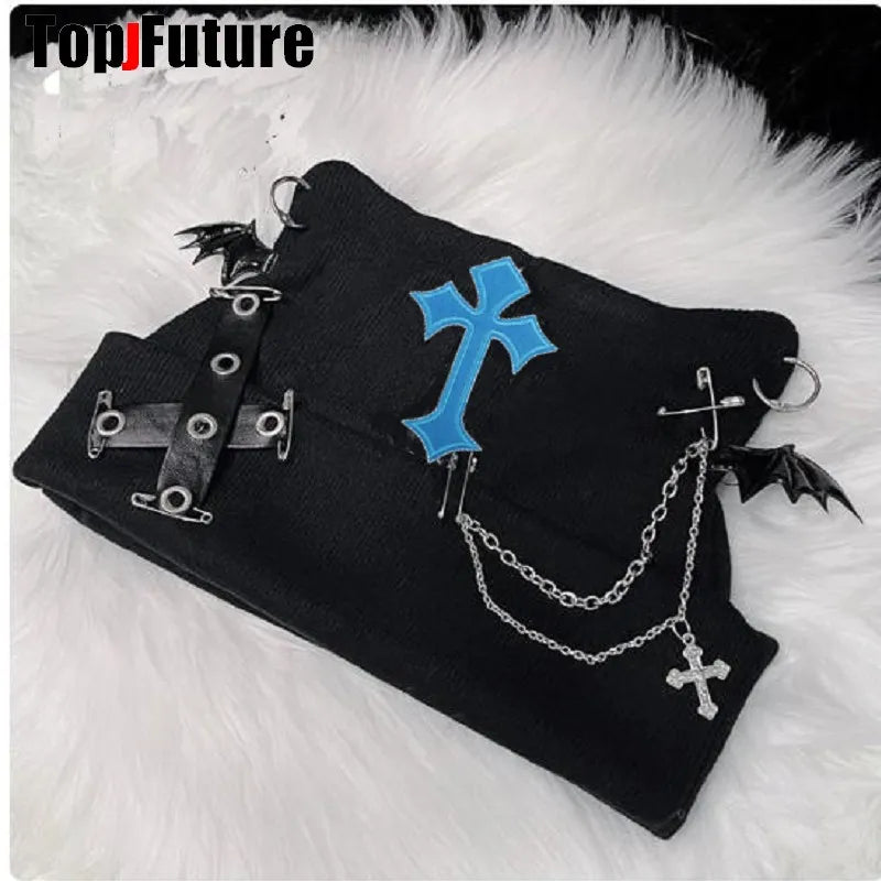 Harajuku Gothic Lolita Knitted Cat Ear Hat Women Punk Designer Cross Bat Winter Beanie Hat Female Y2K Girls Accessories Cap