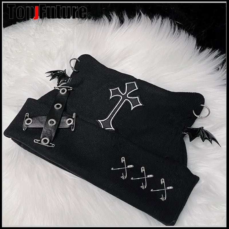 Harajuku Gothic Lolita Knitted Cat Ear Hat Women Punk Designer Cross Bat Winter Beanie Hat Female Y2K Girls Accessories Cap