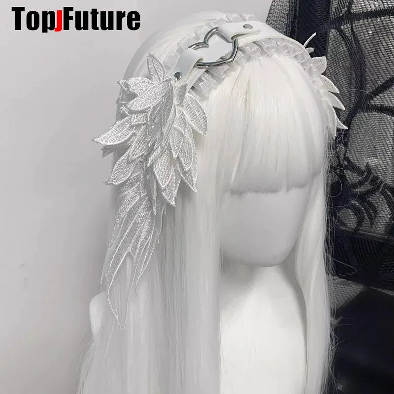 Lolita Kawaii Angel Wing Lace Bow Headband KC Hair Band Anime Y2K Girl Maid Headdress Cosplay Anime Hair Accessories Head Wrap