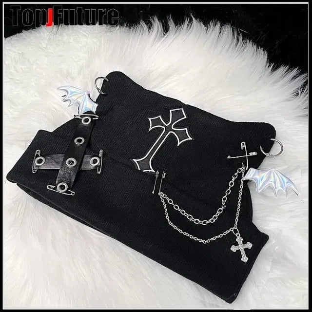 Harajuku Gothic Lolita Knitted Cat Ear Hat Women Punk Designer Cross Bat Winter Beanie Hat Female Y2K Girls Accessories Cap