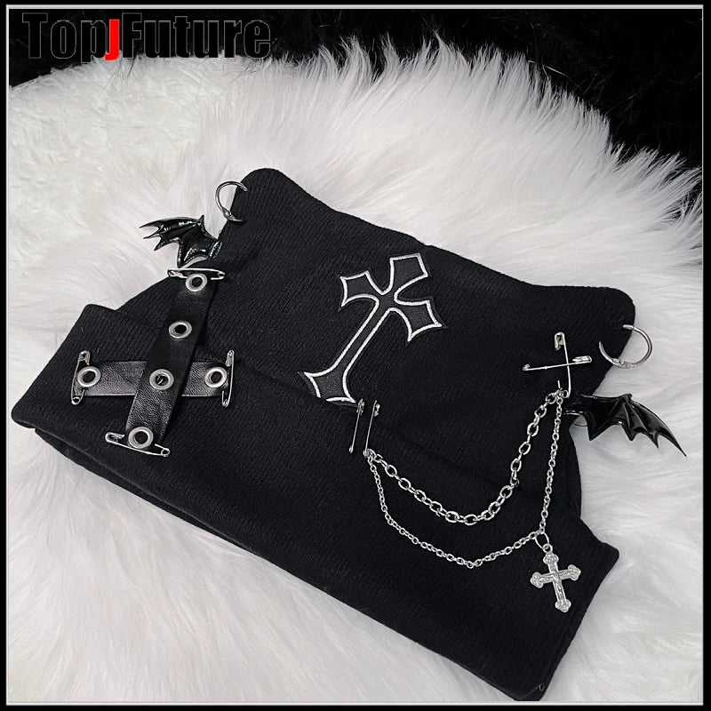 Harajuku Gothic Lolita Knitted Cat Ear Hat Women Punk Designer Cross Bat Winter Beanie Hat Female Y2K Girls Accessories Cap