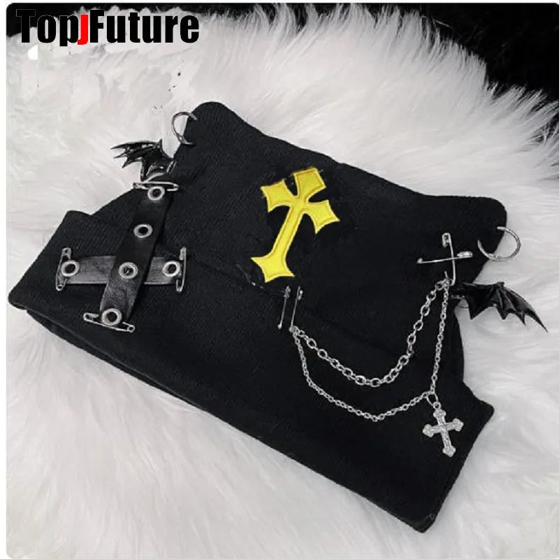 Harajuku Gothic Lolita Knitted Cat Ear Hat Women Punk Designer Cross Bat Winter Beanie Hat Female Y2K Girls Accessories Cap