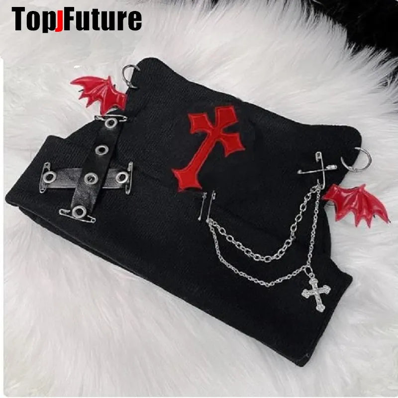 Harajuku Gothic Lolita Knitted Cat Ear Hat Women Punk Designer Cross Bat Winter Beanie Hat Female Y2K Girls Accessories Cap