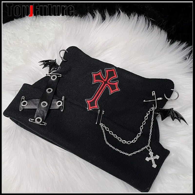 Harajuku Gothic Lolita Knitted Cat Ear Hat Women Punk Designer Cross Bat Winter Beanie Hat Female Y2K Girls Accessories Cap