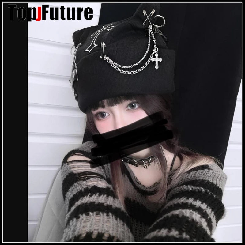 Harajuku Gothic Lolita Knitted Cat Ear Hat Women Punk Designer Cross Bat Winter Beanie Hat Female Y2K Girls Accessories Cap