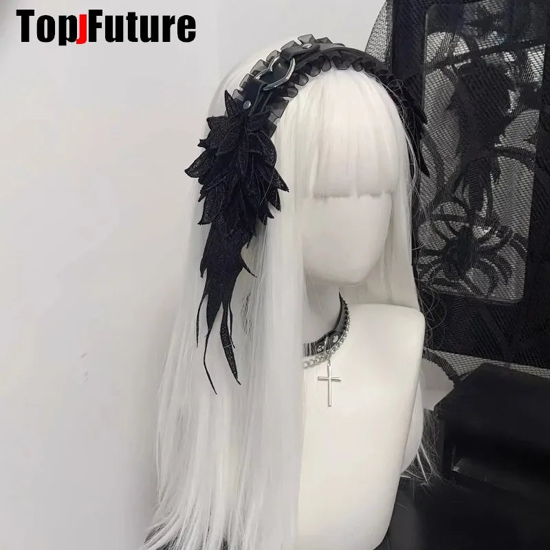 Lolita Kawaii Angel Wing Lace Bow Headband KC Hair Band Anime Y2K Girl Maid Headdress Cosplay Anime Hair Accessories Head Wrap