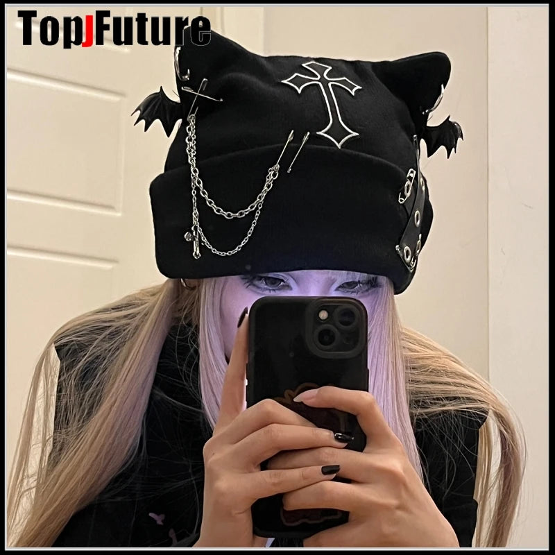 Harajuku Gothic Lolita Knitted Cat Ear Hat Women Punk Designer Cross Bat Winter Beanie Hat Female Y2K Girls Accessories Cap