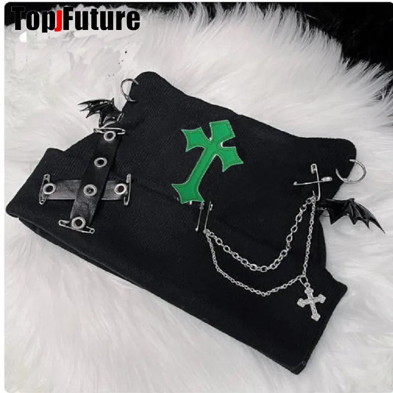 Harajuku Gothic Lolita Knitted Cat Ear Hat Women Punk Designer Cross Bat Winter Beanie Hat Female Y2K Girls Accessories Cap