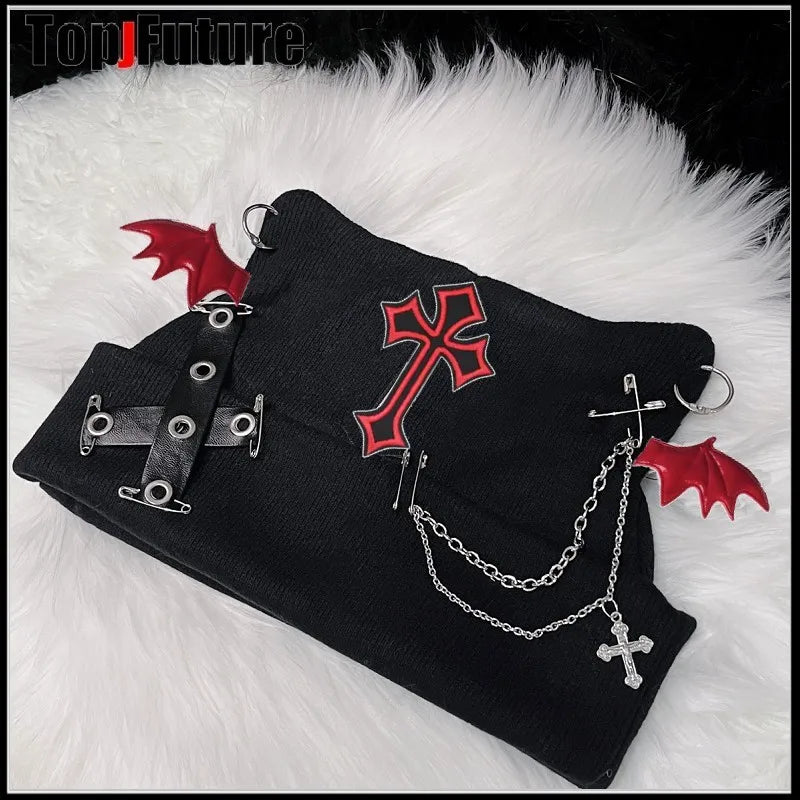 Harajuku Gothic Lolita Knitted Cat Ear Hat Women Punk Designer Cross Bat Winter Beanie Hat Female Y2K Girls Accessories Cap