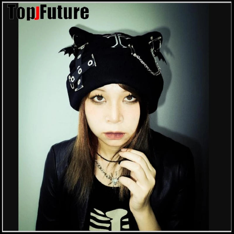 Harajuku Gothic Lolita Knitted Cat Ear Hat Women Punk Designer Cross Bat Winter Beanie Hat Female Y2K Girls Accessories Cap
