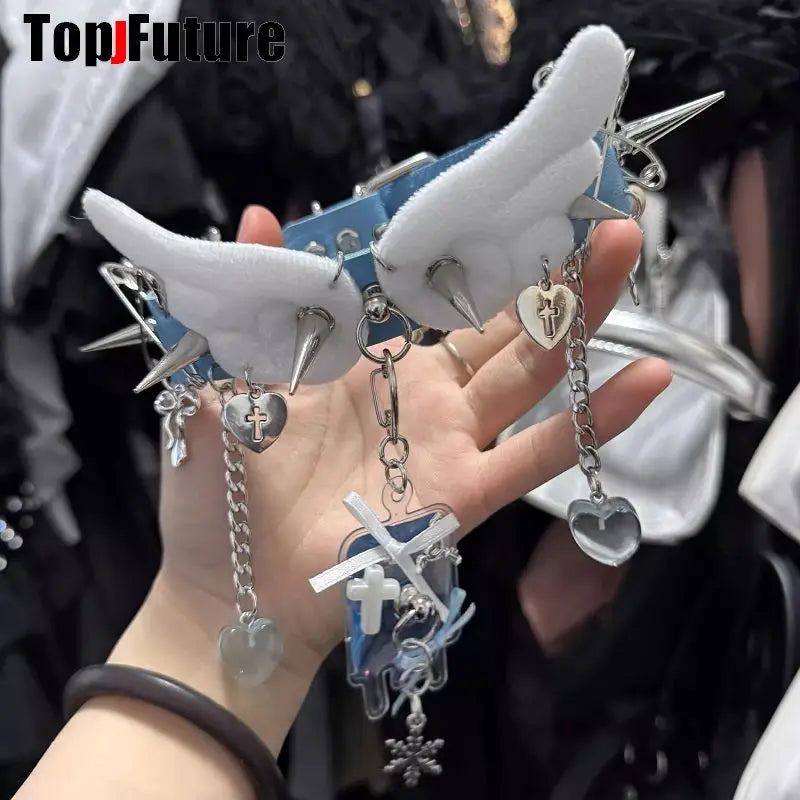 Y2K Accessories Spike Girl Angel Wing Gothic Couple Harajuku Medical Choker Blood bag Pendant Necklace Women Punk Jewelry