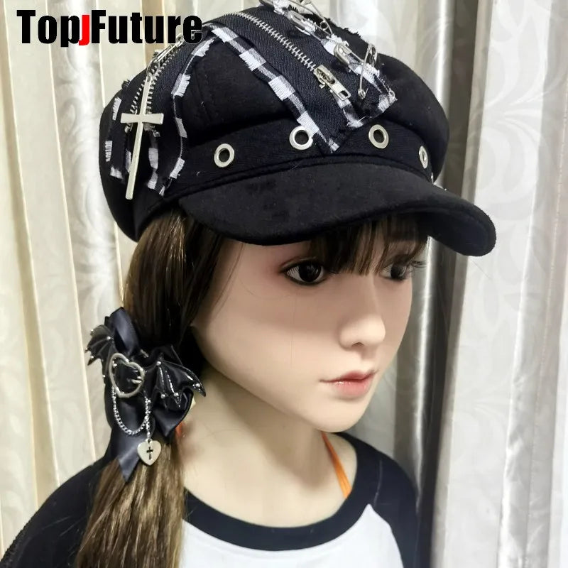 Wholesale Custom Make Customized Women Harajuku Gothic Lolita Beret hat Cap Y2K Girl Steampunk Punk zipper handmake Sun hats