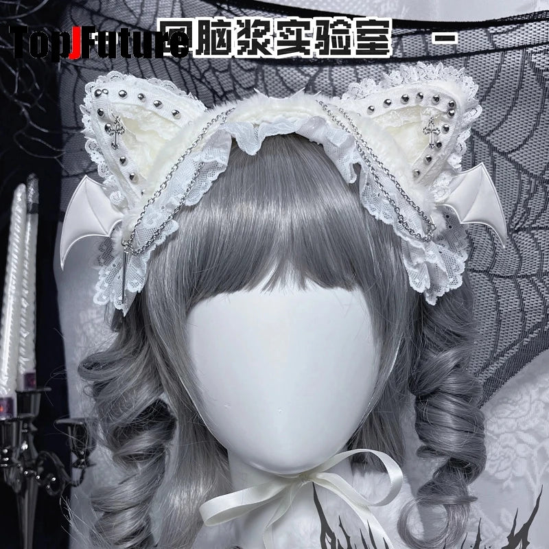 Women's lace y2k girls Gothic Lolita cosplay Harajuku punk headband with cat ears headband Lolita buckle punk cosplay headband