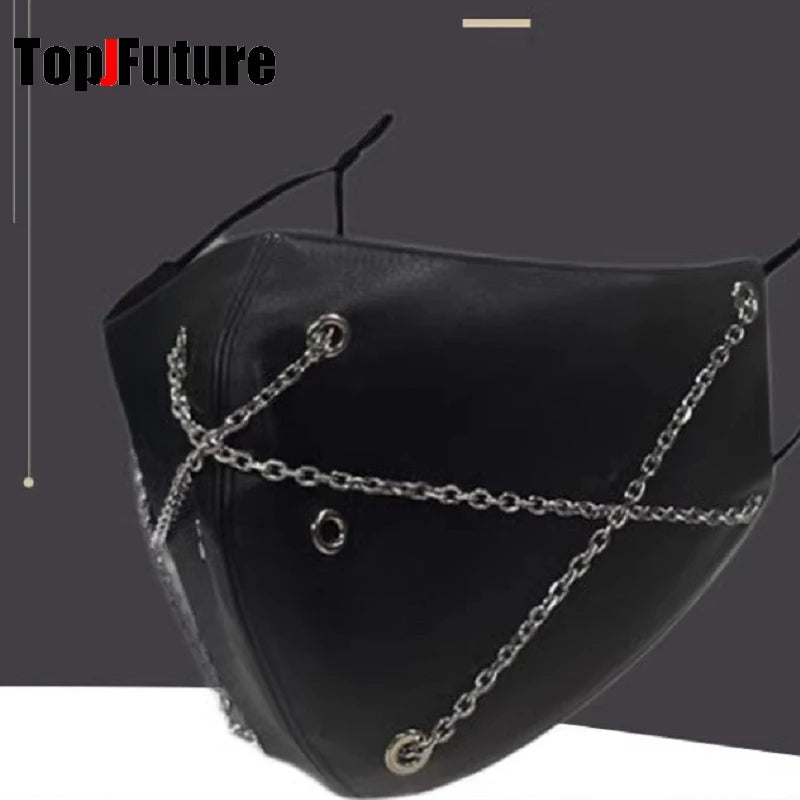 Subculture Y2K Girls steampunk PU leather chain mask Men's and Women's Fashion Campus Decoration Handsome Breathable Face Mask