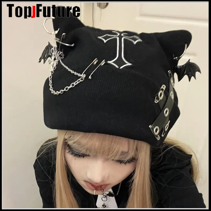 Harajuku Gothic Lolita Knitted Cat Ear Hat Women Punk Designer Cross Bat Winter Beanie Hat Female Y2K Girls Accessories Cap