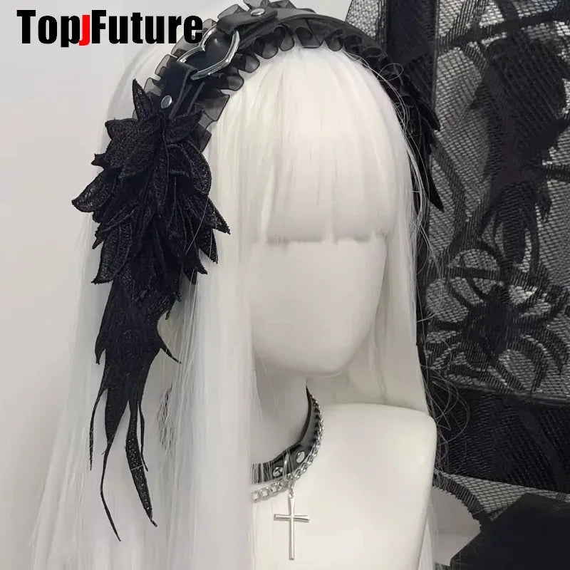 Lolita Kawaii Angel Wing Lace Bow Headband KC Hair Band Anime Y2K Girl Maid Headdress Cosplay Anime Hair Accessories Head Wrap
