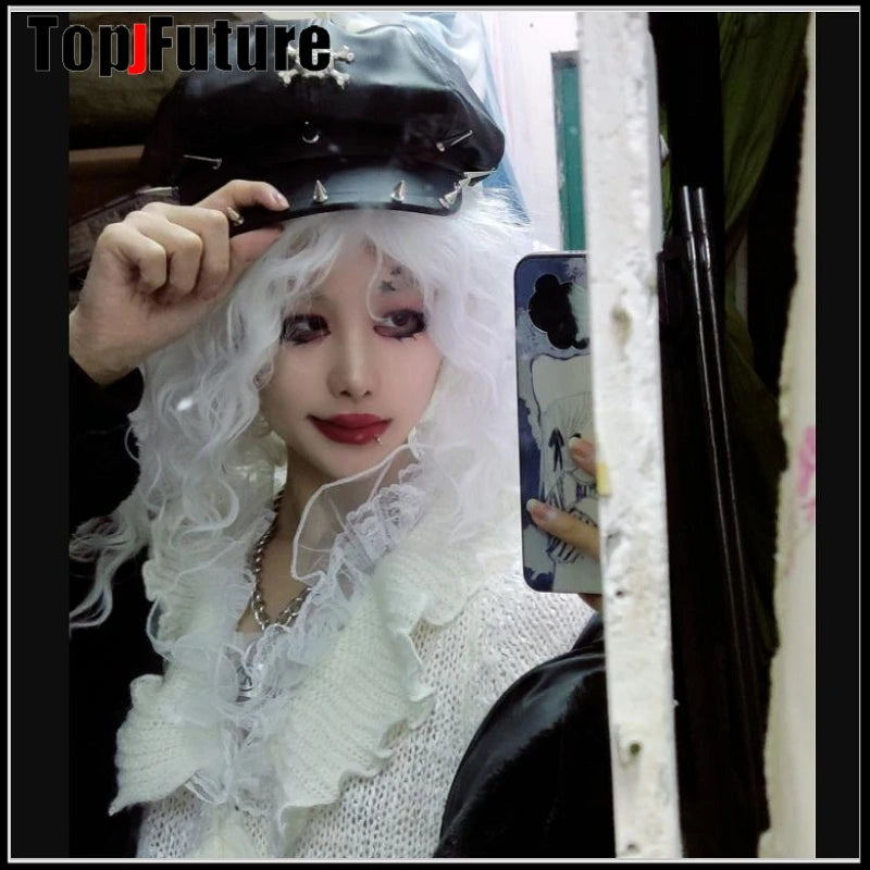 Harajuku Gothic Lolita Cool Punk Skull Spike Cap Biker NewsBoy Flat Cap Mens Women Unisex Beret PU Leather Cap