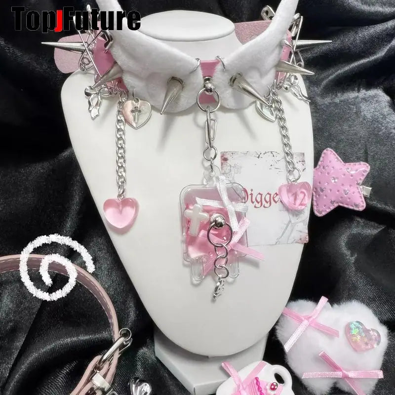 Y2K Accessories Spike Girl Angel Wing Gothic Couple Harajuku Medical Choker Blood bag Pendant Necklace Women Punk Jewelry