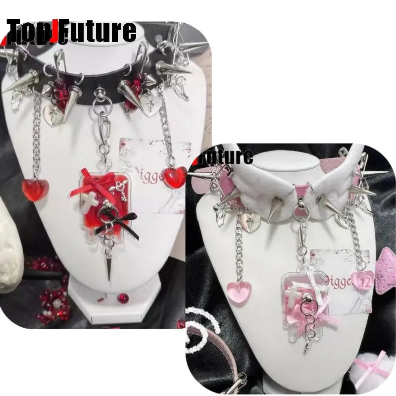 Y2K Accessories Spike Girl Angel Wing Gothic Couple Harajuku Medical Choker Blood bag Pendant Necklace Women Punk Jewelry