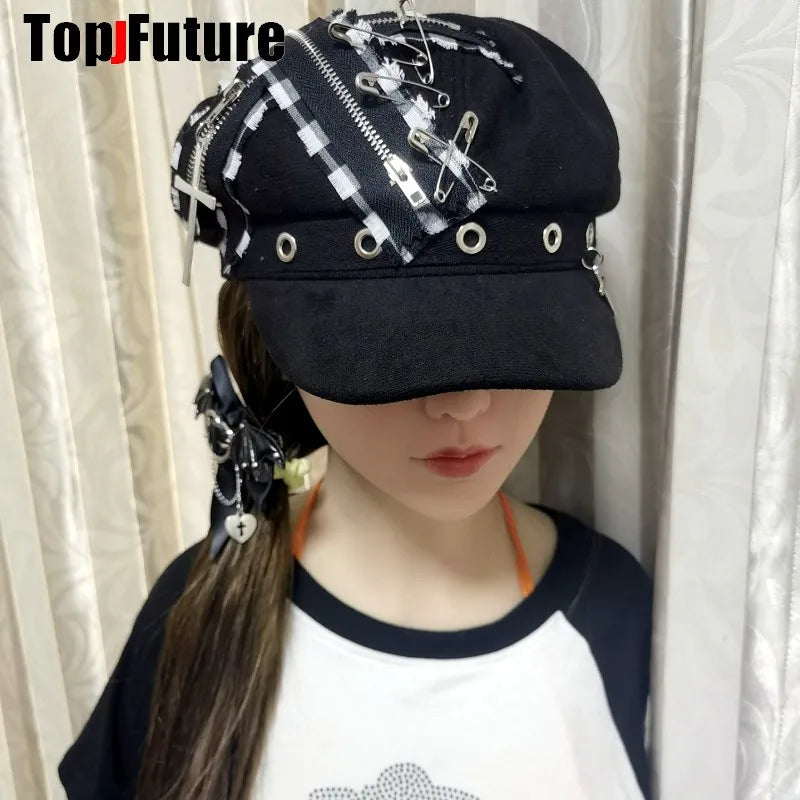 Wholesale Custom Make Customized Women Harajuku Gothic Lolita Beret hat Cap Y2K Girl Steampunk Punk zipper handmake Sun hats
