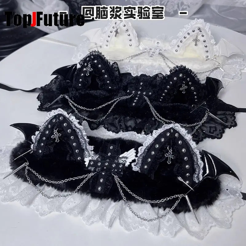 Women's lace y2k girls Gothic Lolita cosplay Harajuku punk headband with cat ears headband Lolita buckle punk cosplay headband