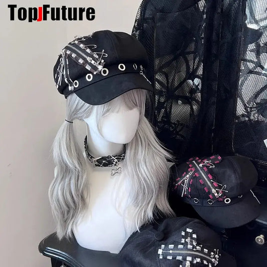 Wholesale Custom Make Customized Women Harajuku Gothic Lolita Beret hat Cap Y2K Girl Steampunk Punk zipper handmake Sun hats