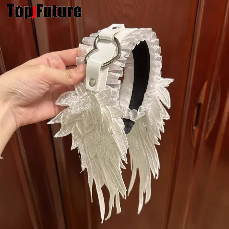 Lolita Kawaii Angel Wing  Lace Bow Headband KC Hair Band Anime Y2K Girl Maid Headdress Cosplay Anime Hair Accessories Head Wrap