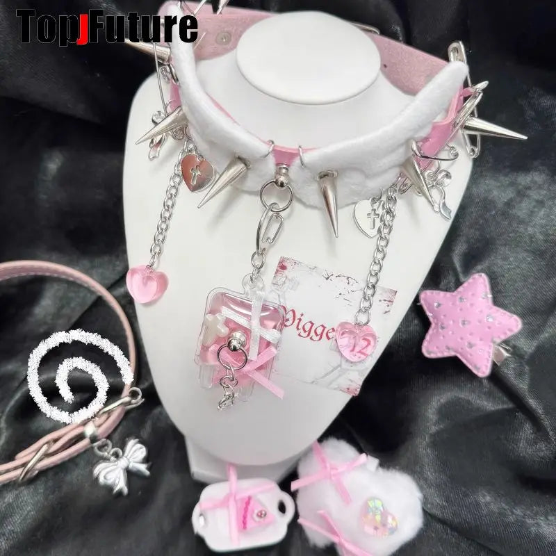 Y2K Accessories Spike Girl Angel Wing Gothic Couple Harajuku Medical Choker Blood bag Pendant Necklace Women Punk Jewelry