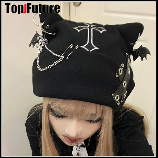 Harajuku Gothic Lolita Knitted Cat Ear Hat Women Punk Designer Cross Bat Winter Beanie Hat Female Y2K Girls Accessories Cap